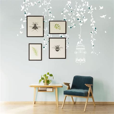 Hanging Vines Floral Wall Decals Set With Birdcage Birds Butterflies