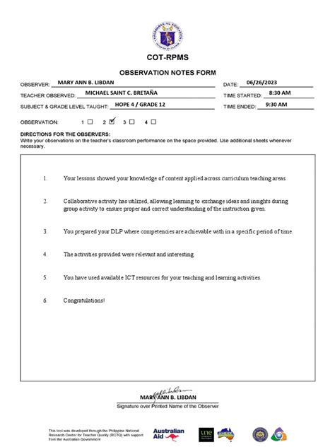 Cot Rpms Observation Notes Form 2023 Pdf