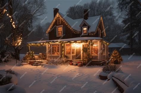 Premium Photo | A house decorated with christmas lights in the snow