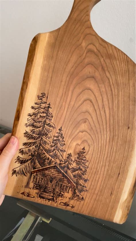 Cabin In The Woods Wood Burned Art On Live Edge Charcuterie Board In