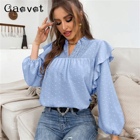 Gaovot Ruffles Chiffon Blouse Long Lantern Sleeve Shirt Women Print