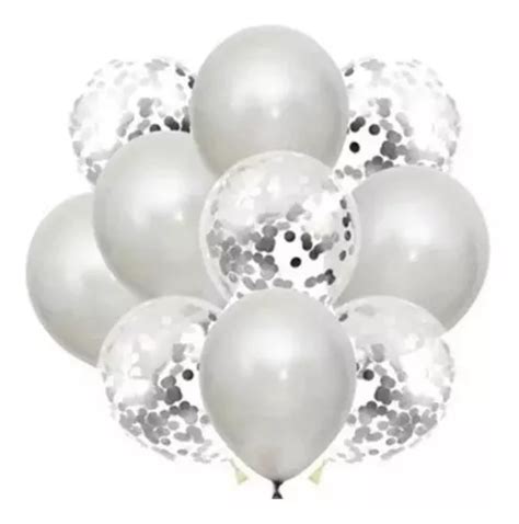 Set 10 Globos Plata Plateado Cristal Latex Confetti