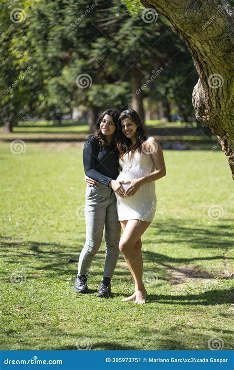 Happy Pregnant Lesbian Couple At Outdoors Stock Image Image Of