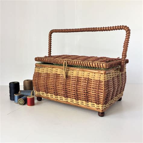 Vintage Sewing Basket With Handle Needlework Storage