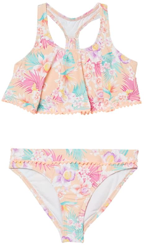 Hobie Girls Hi Neck Crop Bra Bikini Top Banded Bottom Swimsuit Set Flamingo Honolulu Honey