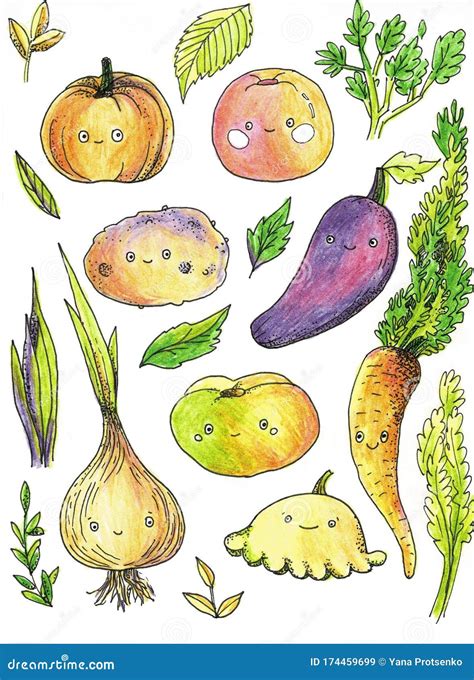 Cute Vegetables With Eyes Bright Illustration Cartoon Vegetable