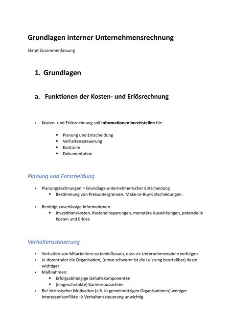 Grundlagen Interner Unternehmensrechnung Skript Zusammenfassung