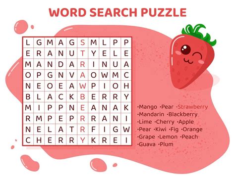 Word Search Puzzle With Fruits And Berries Education Game For Children