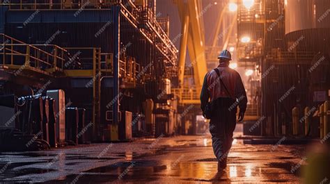 Premium Ai Image Close Up Of Offshore Oil Rig Worker Walks To An Oil