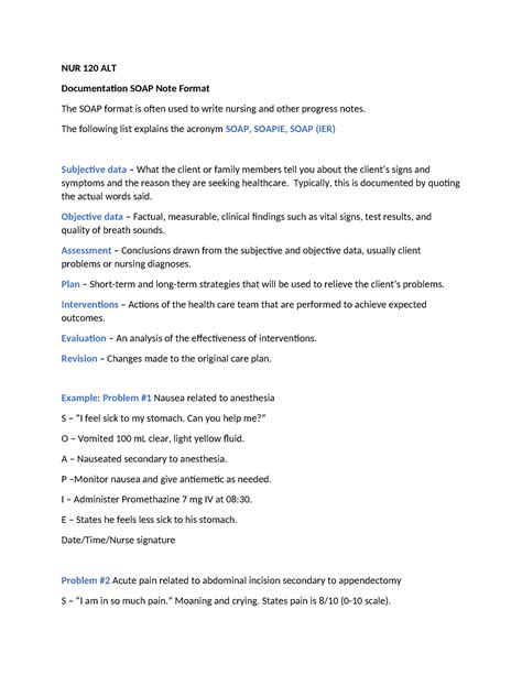 SOAP Format Soap And Sbar NUR 120 ALT Documentation SOAP Note