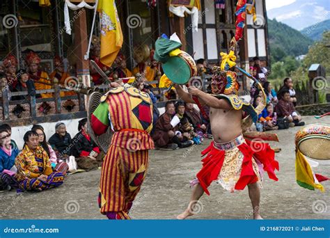 Bhutanese Cham Masked Dance Dance Of Wrathful Deities Catching Evil Spirit And Chasing It Away