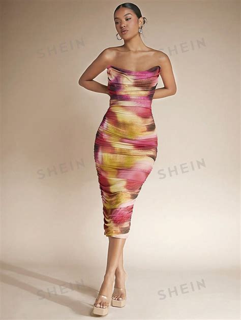 Shein Bae Tie Dye Ruched Side Tube Bodycon Dress Shein Usa