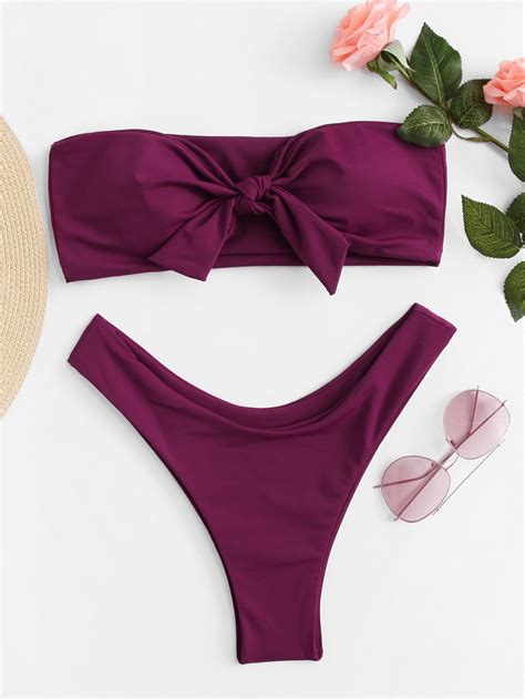 Knot Front Bandeau With High Leg Bikini Set High Leg Bikini Set High