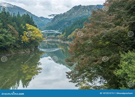 Tadami river with bridge stock image. Image of forest - 107351219