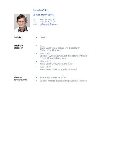 Curriculum Vitae Dr med Stefan Obrist UniversitätsSpital Zürich