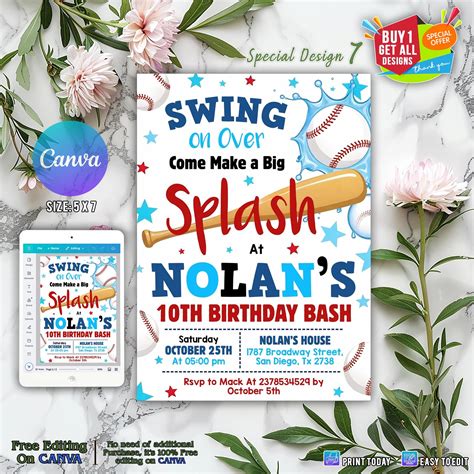 Editable Baseball Pool Birthday Party Invitation, Summer Pool Party