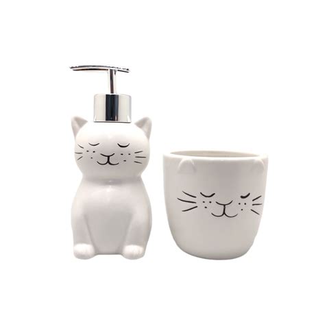 Kit Banheiro de Porcelana Gato 2pçs Loja Especializada em Decoração