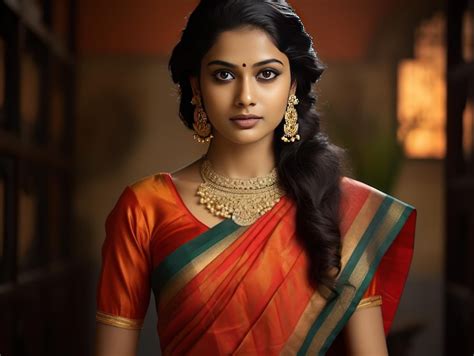 Premium Ai Image Modern Girl Embracing South Indian Roots In Fusion Saree Look Capturing