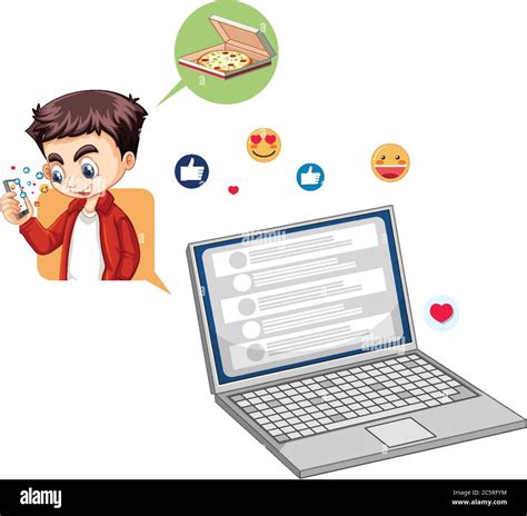 Laptop with social media emoji icon cartoon style isolated on white ...