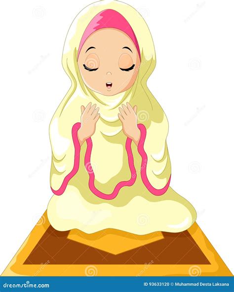 Muslim Girl Sitting On The Prayer Rug While Praying Stock Illustration