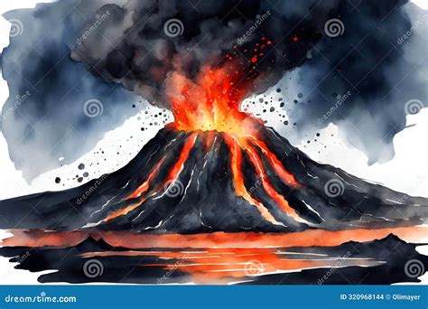 Watercolor Illustration Of A Volcanic Eruption Mountain At Night Stock