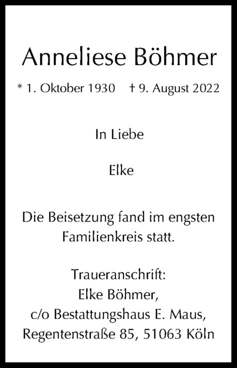 Traueranzeigen Von Anneliese B Hmer Wirtrauern