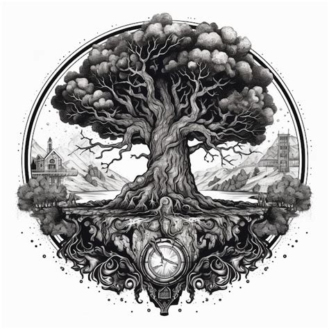premium ai image  drawing   tree   clock
