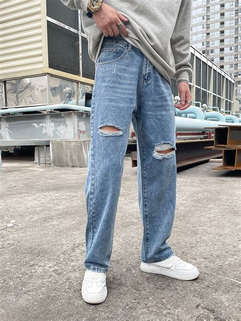 Men Ripped Straight Leg Jeans Denim Pants Fashion Ripped Jeans Men Mens Street Style Casual