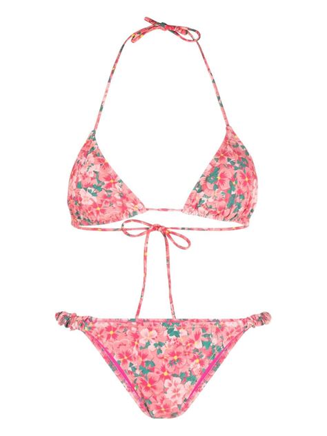 REINA OLGA Scrunchie Floral Print Bikini Pink Editorialist