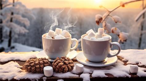 Premium AI Image Winter Warmth Cozy Hot Cocoa Mugs With Marshmallows
