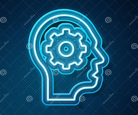 Glowing Neon Line Human Head With Gear Inside Icon Isolated On Blue