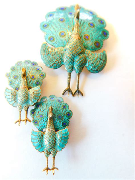 Striking Sterling Enameled Peacock Pin With Earrings Etsy