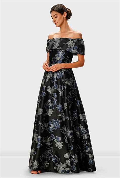 Shop Off The Shoulder Floral Print Dupioni Maxi Dress EShakti