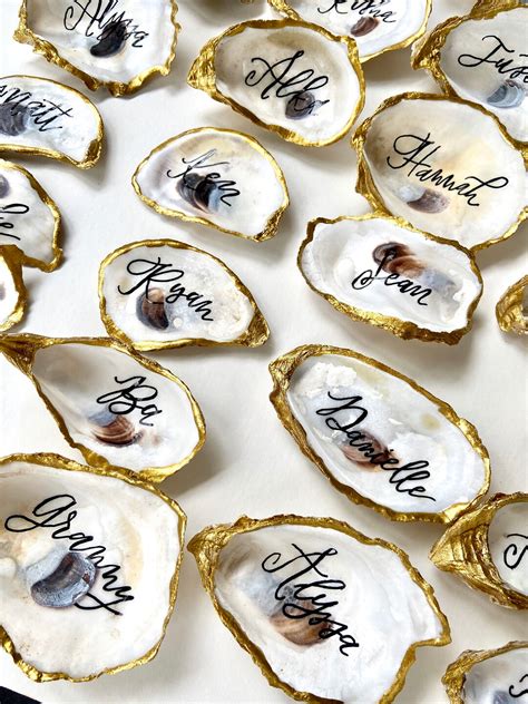 Gold Metallic Oyster Shell Place Cards Oyster Shell With Calligraphy For Wedding Or Event