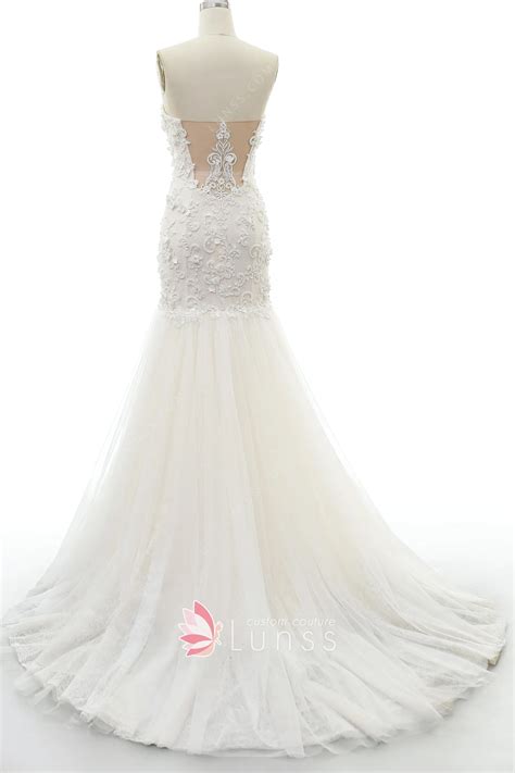 Classic Pearl Beaded Lace Nude Tulle Mermaid Wedding Gown Lunss