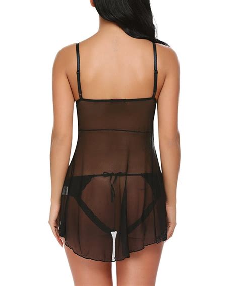 Women S Lingerie Chemise Babydoll Set Straps Sleepwear Lace Nightwear Dress Black CN C XY CG