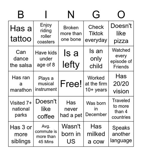 Get To Know You Team Activity Bingo Card