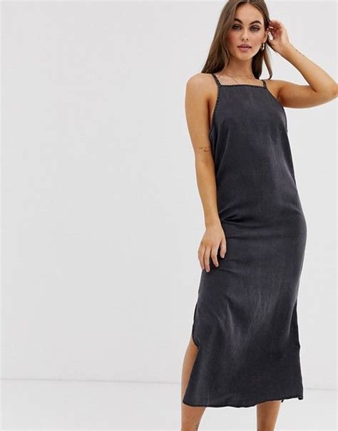 Asos Design Soft Denim Midi Slip Dress In Washed Black Asos Slip Dress Asos Designs Dresses