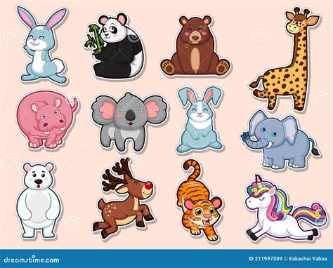 Collection Character Cute Animals Stickers. Animal Cartoon Flat Style ...