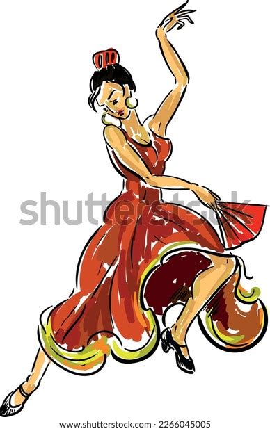 Flamenco Dancer Red Dress Fan Freehand Stock Vector Royalty Free