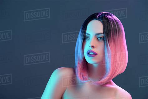 Attractive Nude Woman In Pink Wig Isolated On Grey Stock Photo Dissolve