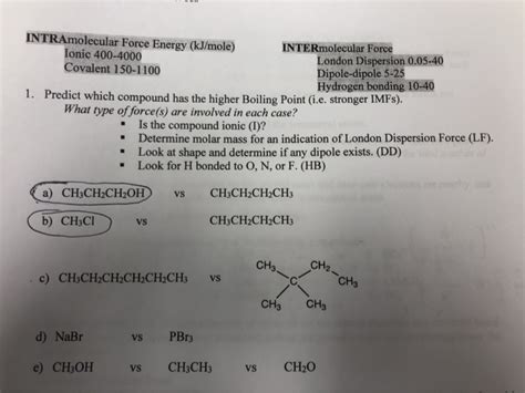 Solved INTRAmolecular Force Energy KJ Mole INTERmolecular Chegg