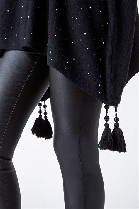 Black Sparkle Embellished Tassel Poncho Roman UK