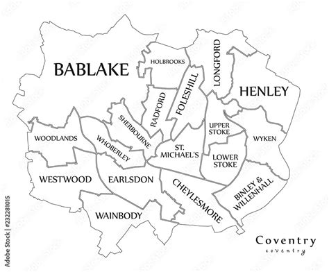 Modern City Map - Coventry city of England with wards and titles UK ...