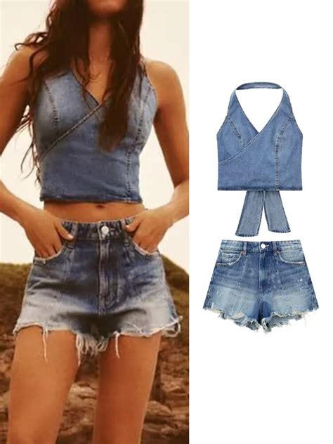 Traf Fashion Women Denim Tops Shorts Sets Summer Halter Collar