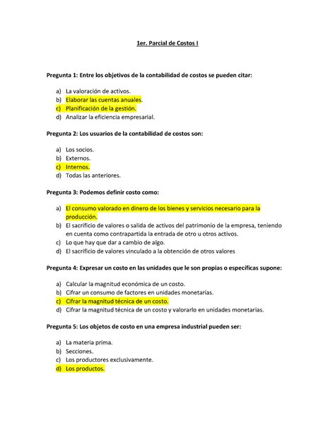 Parcial De Costos Er Parcial De Costos I Pregunta Entre Los