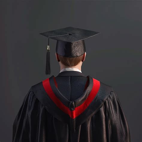 A Man Wearing A Graduation Cap And Gown With A Red Tassel On The Top