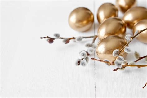 Premium Photo Easter Eggs With Pussy Willow Branches On White Wooden Table Happy Holiday