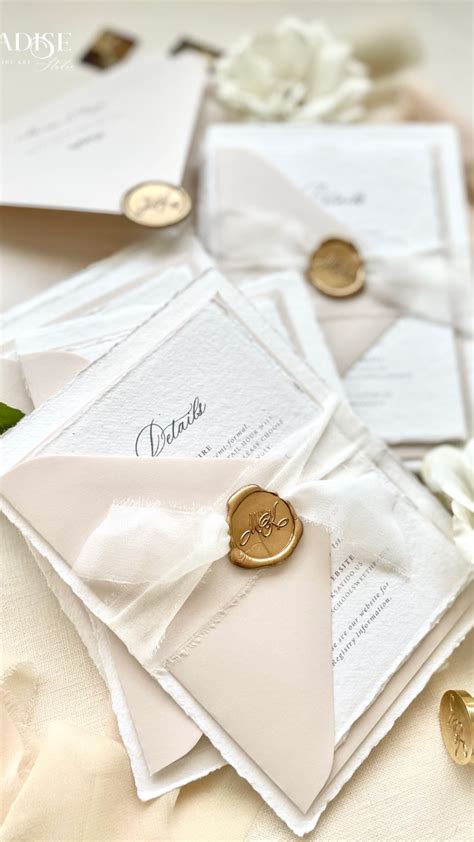 Handmade Paper Wedding Invitations Fine Art Invitations Silk Ribbons