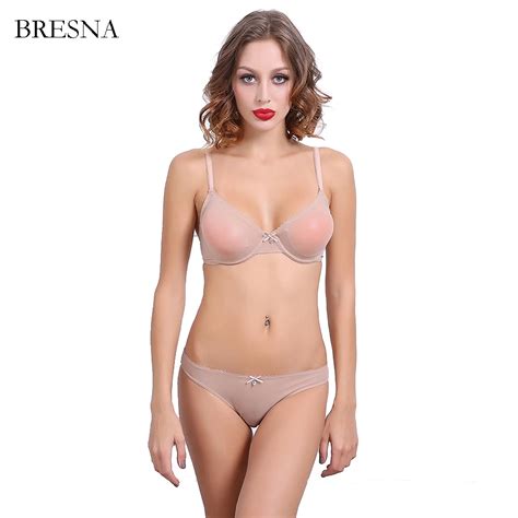 BRESNA Ultra Thin Mesh Bra And Panty Set Transparent Bra With Rhinestone Underwire Sexy Lingerie